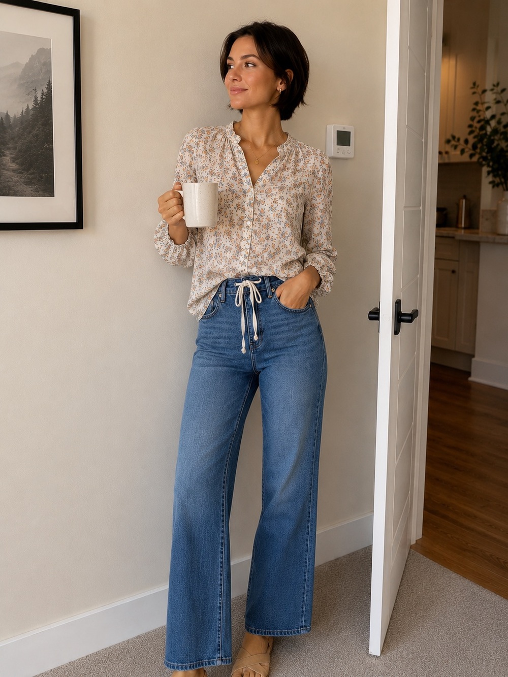 Kut WHigh-Rise Blue Wide-Leg Jeans with Drawstring Waist